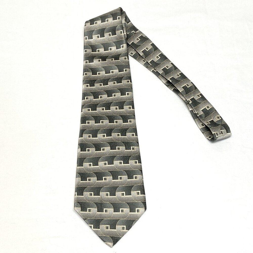 Pierre Cardin Silk Tie Art Deco Style Block and Swirl Pattern Classic Grey Gold